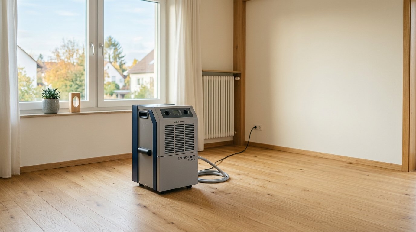 Professioneller Bautrockner in einem Wohnraum, sinnbildlich für Trocknungsphase nach Wasserschaden.