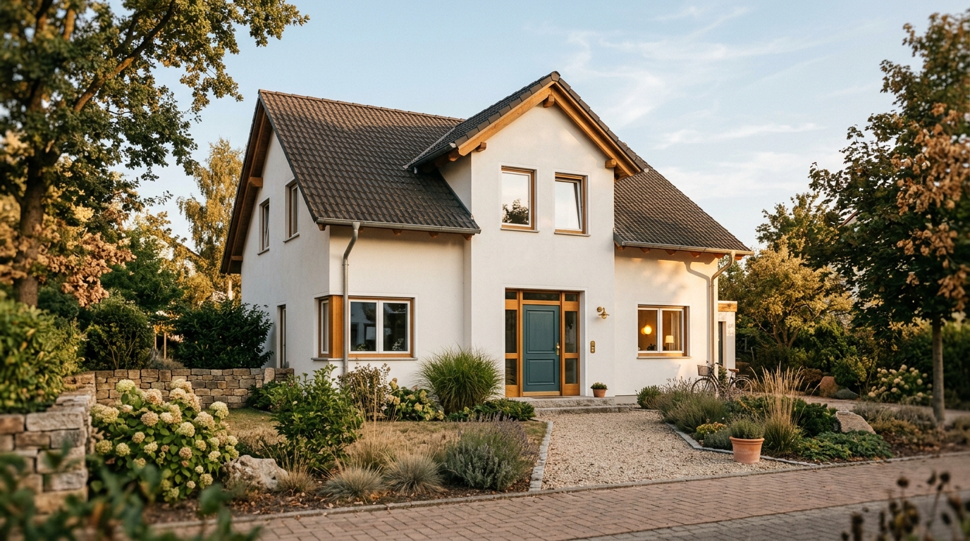 Sicheres, geschütztes Wohnhaus bei ruhigem Wetter, Symbol für umfassenden Versicherungsschutz.