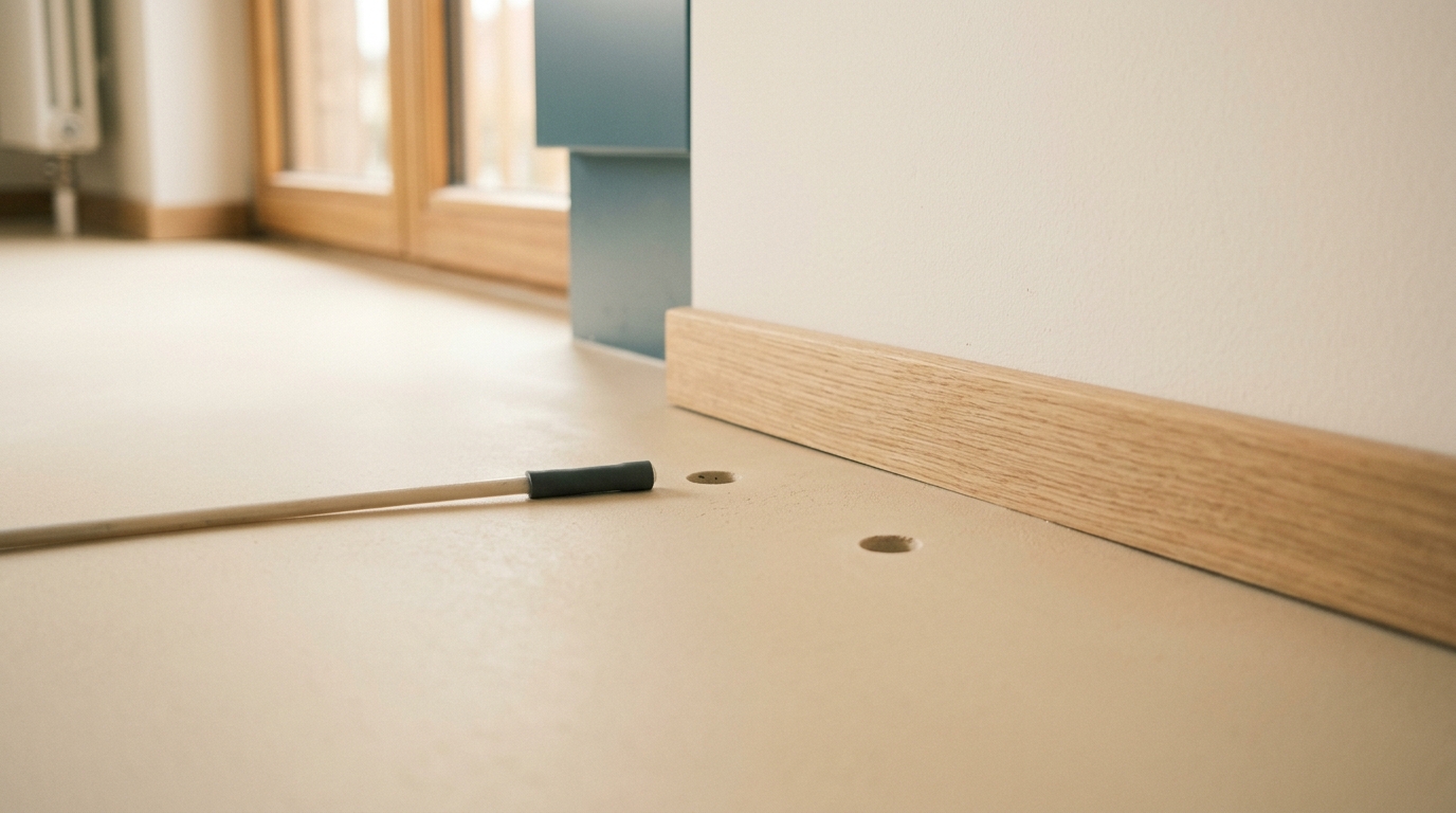 Aufgestemmter Estrich-Boden während professioneller Dämmschichttrocknung mit Schläuchen.