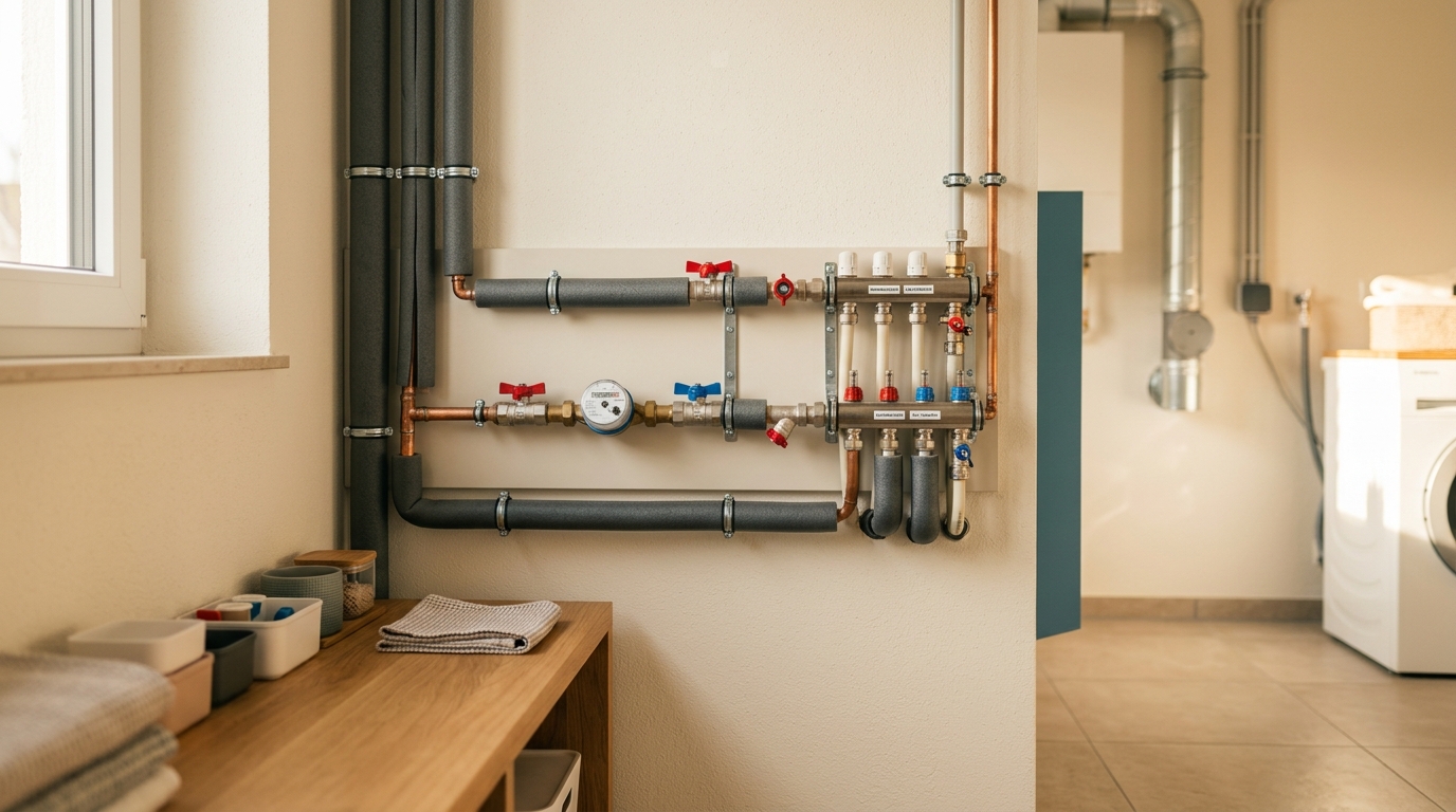 Moderne Wasserleitungen in einem sauberen Hauswirtschaftsraum, Symbol für versicherten Schutz.