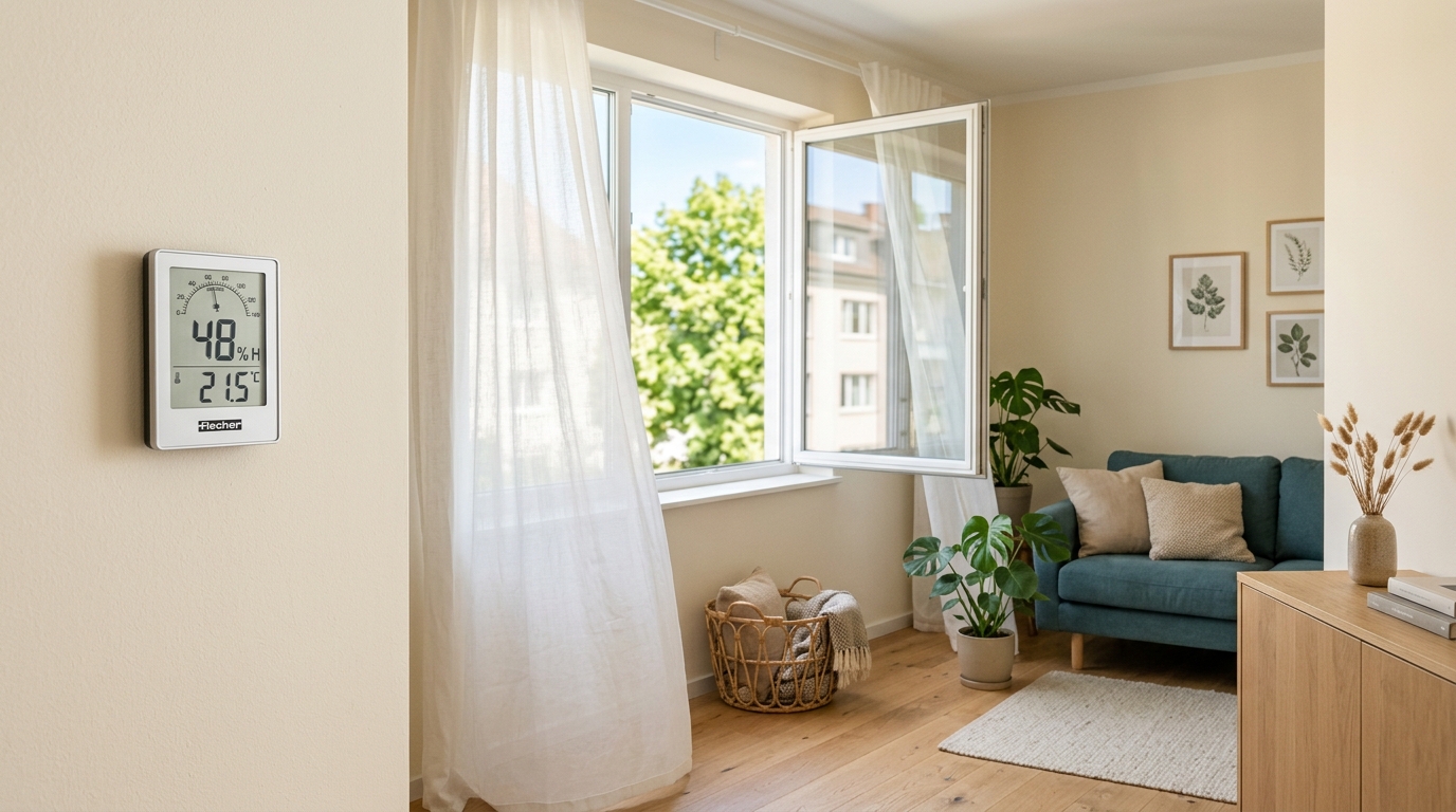 Helles, trockenes Wohnzimmer mit Hygrometer an der Wand, gesundes Raumklima.