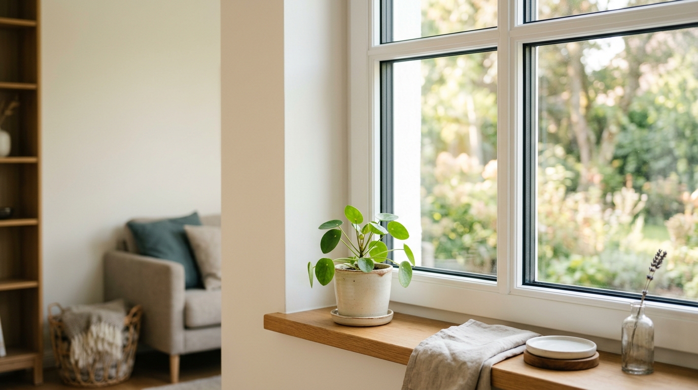 Sauberer weißer Fensterrahmen nach professioneller Schimmelentfernung, helles Tageslicht.