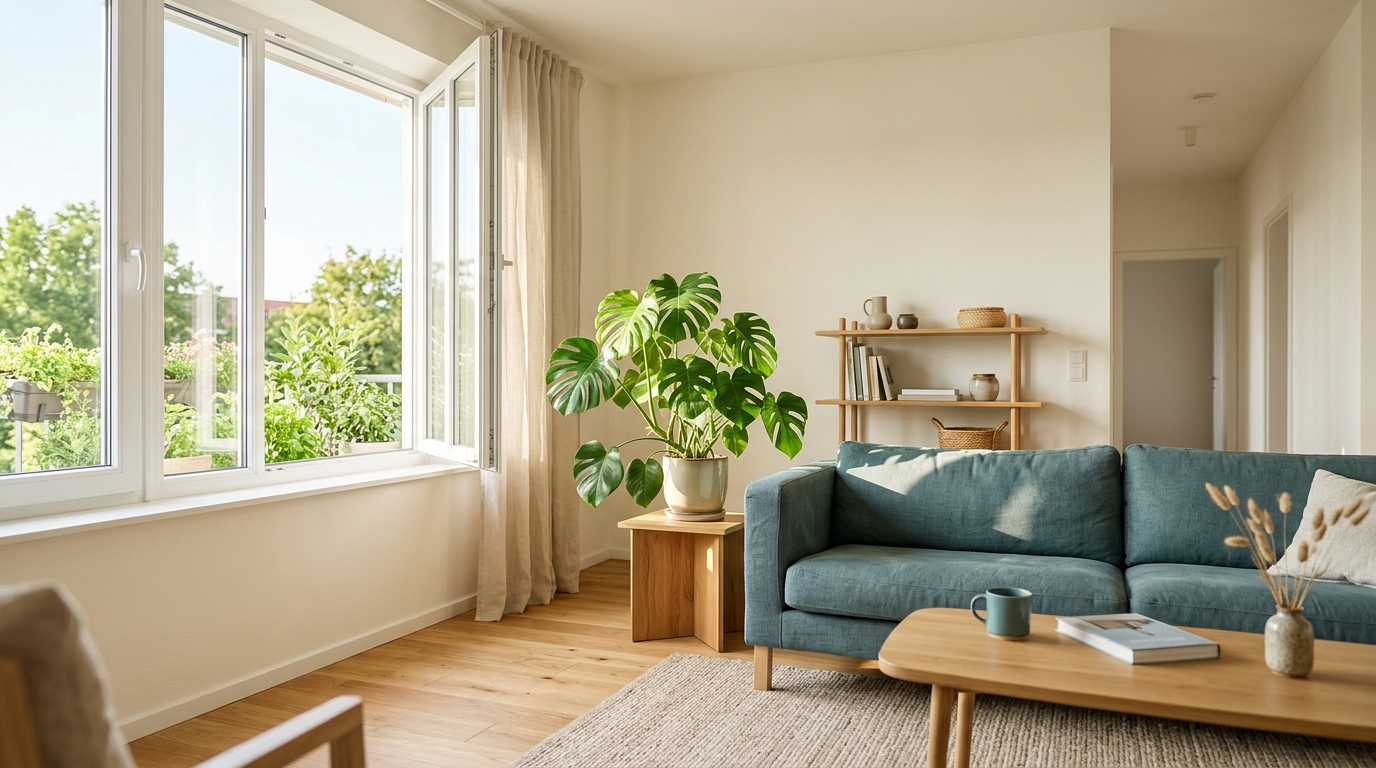 Helle, gesunde, trockene Wohnung mit guter Belüftung, Symbol für schimmelfreies Zuhause.
