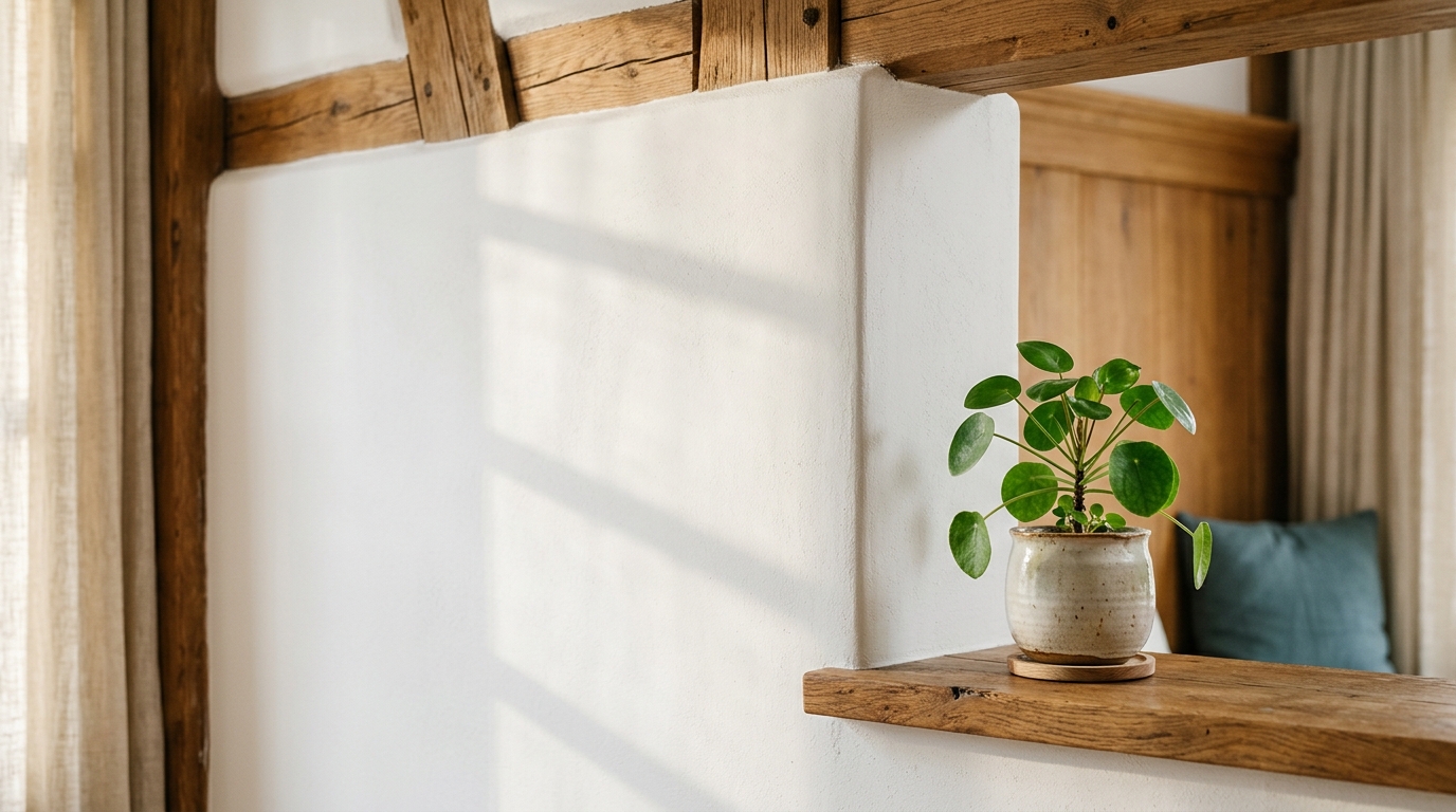 Detail einer Wand mit gelblich-braunen Stockflecken, beginnender Sanierungsbereich.