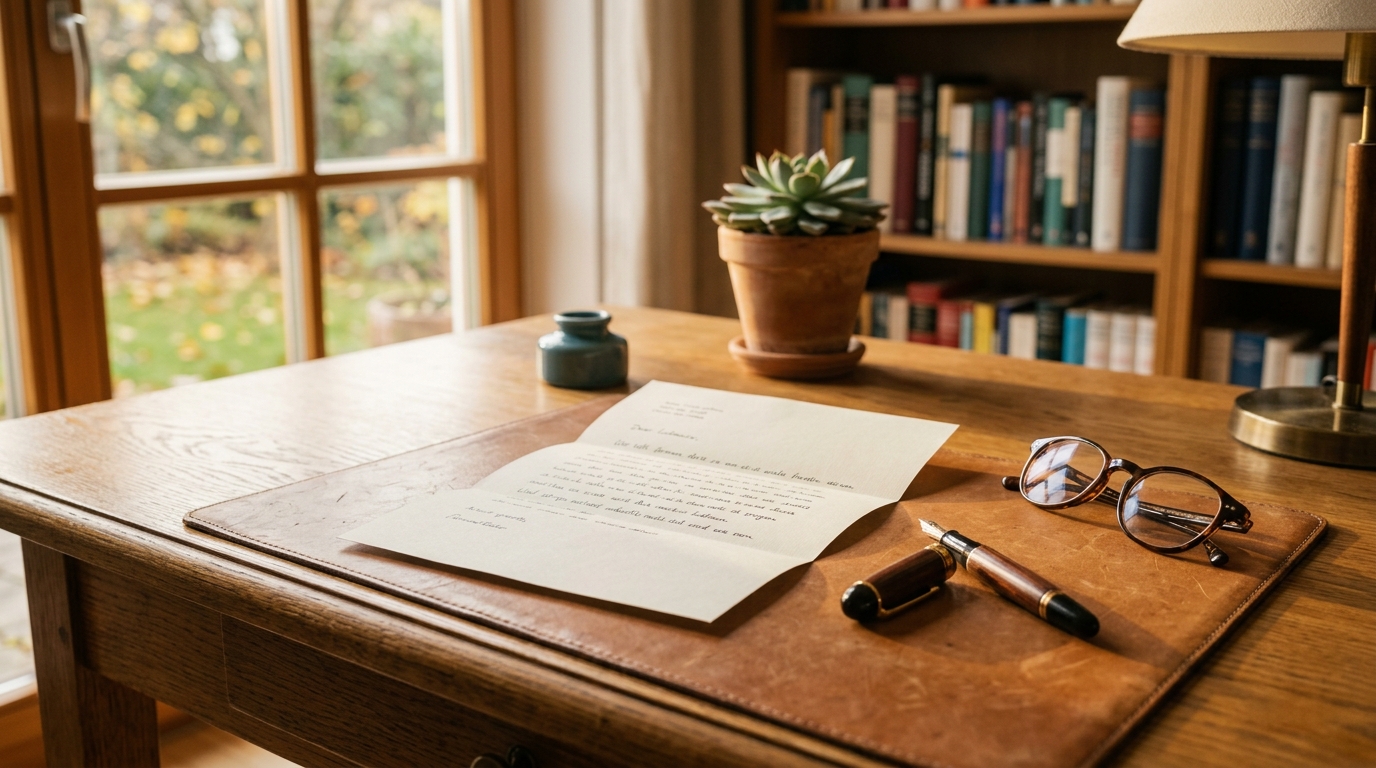 Schreibtisch mit Widerspruchsschreiben, Versicherungsunterlagen und Stift, ruhiges Licht.