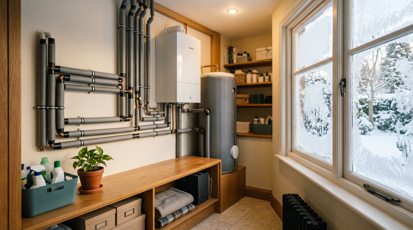 Trockener, gut isolierter Hauswirtschaftsraum mit Wasserleitungen im Winter, sicher und warm.