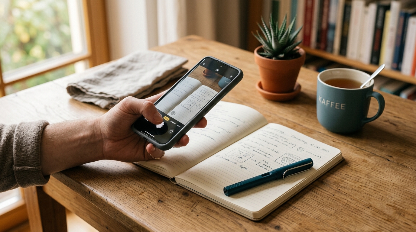 Smartphone fotografiert einen Wasserschaden zur Dokumentation, daneben Notizen.