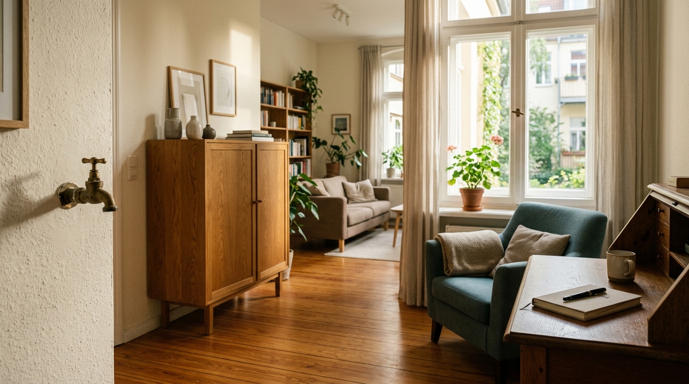 Ruhiger Wohnraum mit Holzboden und Tageslicht, sinnbildlich für ein wiederhergestelltes Zuhause nach einem Wasserschaden.