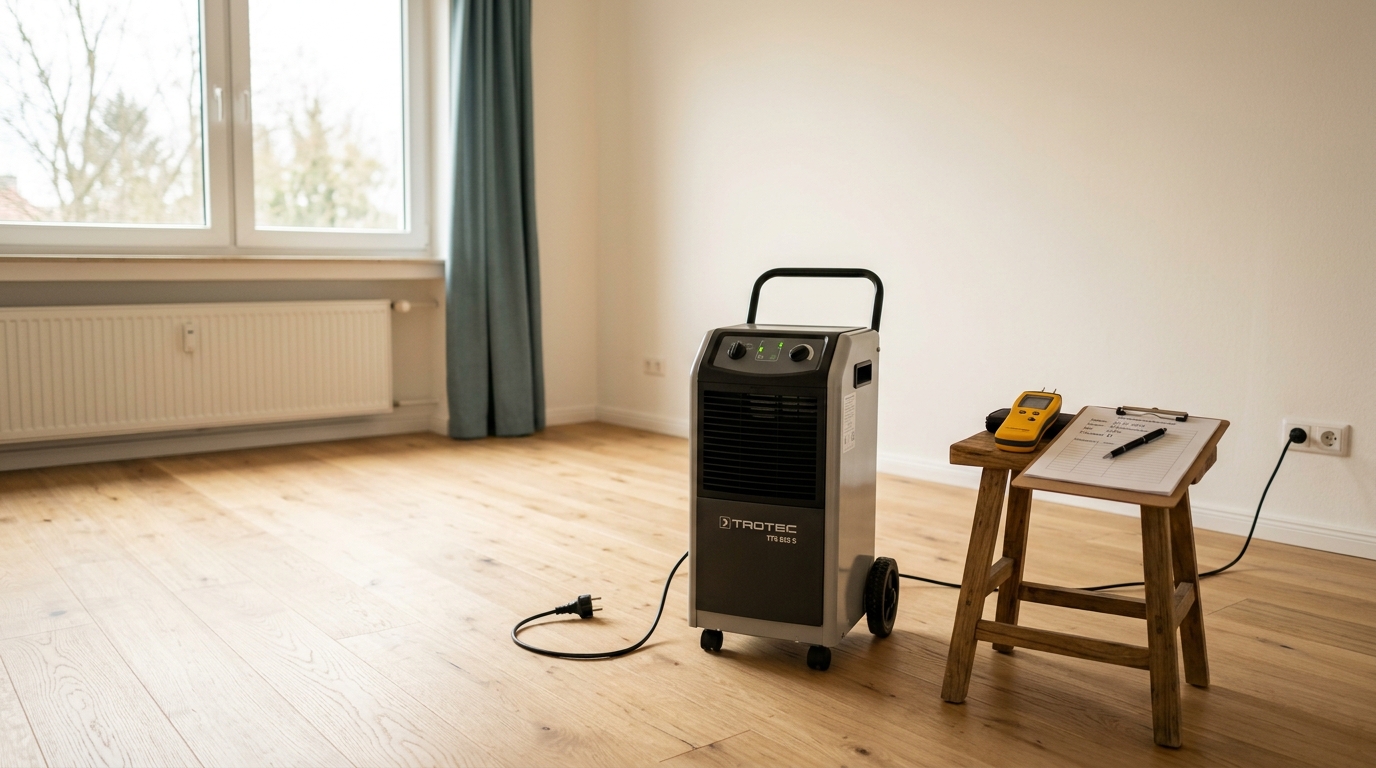 Sanierungstechniker installiert Trocknungsgerät in einem Wohnraum mit sichtbar feuchten Wänden.